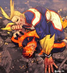 Rule 34 | 2boys, antenna hair, bara, beard, blonde hair, blood, blood on face, blue bodysuit, blue eyes, bodysuit, boku no hero academia, bulge, couple, debris, embers, facial hair, feet out of frame, fiery hair, fire, hand on another&#039;s chest, injury, large pectorals, lying, male focus, mature male, multiple boys, muscular, muscular male, on back, on person, ono (ohno ha), pectorals, protecting, red hair, short hair, sideburns, spiked hair, thick thighs, thighs, endeavor (boku no hero academia), yaoi