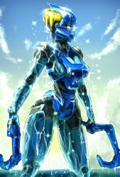 Rule 34 | 1girl, bionicle, breasts, cleavage, dual wielding, gali (bionicle), glowing, glowing eye, highres, holding, holding weapon, humanoid robot, looking to the side, medium breasts, oberon826, redesign, robot, sky, solo, sparkle, the lego group, weapon, wet, yellow eyes