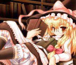 Rule 34 | 1girl, ai takurou, bespectacled, blonde hair, book, bookshelf, cup, female focus, glasses, hat, indoors, kirisame marisa, kneehighs, looking at viewer, lying, no nose, open book, socks, solo, teacup, touhou, underwear, witch, witch hat