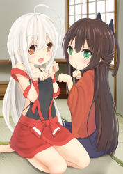 Rule 34 | 2girls, :d, ahoge, bare shoulders, black camisole, blush, brown eyes, brown hair, brown kimono, camisole, chiya (urara meirochou), commentary request, fang, green eyes, hair between eyes, hakama, hakama skirt, hands up, indoors, japanese clothes, kimono, long hair, long sleeves, looking at viewer, looking back, maru shion, multiple girls, open mouth, parted lips, purple hakama, red skirt, seiza, short kimono, silver hair, sitting, skirt, smile, tatsumi kon, urara meirochou, very long hair, wide sleeves