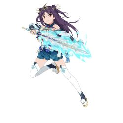 Rule 34 | 1girl, blue shorts, clothing cutout, full body, hairband, holding, holding sword, holding weapon, leg up, long hair, looking at viewer, official art, print shorts, purple hair, red eyes, short shorts, shorts, shoulder cutout, simple background, smile, solo, sword, sword art online, sword art online: code register, thighhighs, weapon, white background, white thighhighs, yuuki (sao)