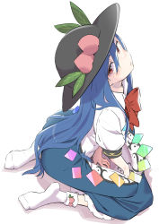 Rule 34 | 1girl, absurdres, ass, blouse, blue dress, blue hair, bow, bowtie, closed mouth, collar, dress, food, frills, fruit, gloves, grey hat, hair between eyes, hat, highres, hinanawi tenshi, kawayabug, leaf, long hair, looking at viewer, peach, puffy short sleeves, puffy sleeves, rainbow, red bow, red bowtie, red eyes, seiza, shirt, short sleeves, simple background, sitting, socks, solo, touhou, white background, white gloves, white shirt, white sleeves