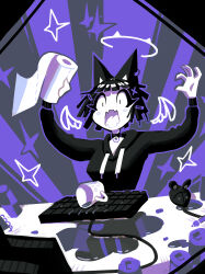 Rule 34 | andaerz, angry, animal ears, arms up, black border, black sweater, blush stickers, border, can, cat ears, choker, colored skin, cup, eyeliner, fangs, grey background, hair ornament, hairclip, halo, highres, holding, holding paper, jewelry, keyboard (computer), long sleeves, makeup, mouse (computer), open mouth, original, outstretched arms, paper, paper towel, purple background, ring, screaming, short hair, skin fangs, slit pupils, spill, star (symbol), sunburst, sunburst background, sweater, table, two-tone background, upper body, white skin, x hair ornament