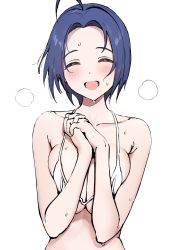 Rule 34 | 1girl, ahoge, ameyame, bare shoulders, bikini, blue hair, blush, breasts, cleavage, closed eyes, collarbone, forehead, highres, idolmaster, idolmaster (classic), large breasts, miura azusa, open mouth, parted bangs, short hair, smile, solo, swimsuit, wet, white bikini