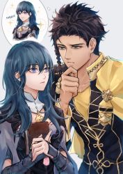 Rule 34 | 1boy, 1girl, artist name, black hair, black jacket, blue eyes, blue hair, book, braid, byleth (female) (fire emblem), byleth (fire emblem), cape, claude von riegan, closed mouth, detached collar, earrings, fire emblem, fire emblem: three houses, gold trim, green eyes, grey background, grey shirt, hair between eyes, hand on own chin, highres, holding, holding book, jacket, jewelry, long hair, looking at another, ningyo, nintendo, own hands together, shirt, short hair with long locks, side braid, smile, sparkle, tan, thought bubble, upper body, yellow cape