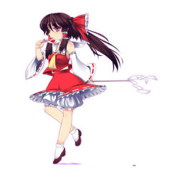 Rule 34 | 1girl, bad id, bad pixiv id, bow, brown hair, detached sleeves, female focus, full body, hair bow, hakurei reimu, highres, japanese clothes, miko, red eyes, short hair, solo, tiha, touhou, white background