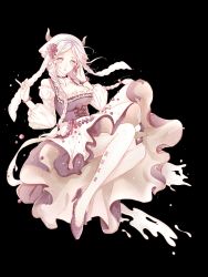Rule 34 | 1girl, blouse, braid, breasts, cow girl, cow horns, dress, food fantasy, full body, highres, horns, kyomono (hjxop), large breasts, long hair, looking at viewer, milk (food fantasy), mole, mole under eye, official art, pale skin, pantyhose, parted bangs, revealing clothes, second-party source, shirt, solo, transparent background, twin braids, white pantyhose, white shirt