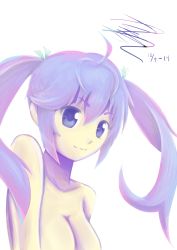 Rule 34 | 10s, 1girl, 2014, :3, ahoge, bare shoulders, breasts, closed mouth, collarbone, colored eyelashes, dated, green ribbon, grisaia (series), grisaia no kajitsu, hair between eyes, hair ribbon, highres, long hair, looking at viewer, matsushima michiru, medium breasts, nude, purple eyes, purple hair, ribbon, simple background, smile, tareme, twintails, upper body, white background
