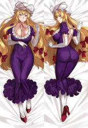 Rule 34 | 1girl, ass, backless dress, backless outfit, blonde hair, breasts, cleavage, collarbone, commission, dakimakura (medium), deras, dress, elbow gloves, gloves, high heels, impossible clothes, impossible dress, large breasts, long hair, multiple views, pantyhose, pixiv commission, purple eyes, thighs, touhou, very long hair, white pantyhose, yakumo yukari