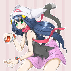 Rule 34 | 1girl, :o, animal ears, bad id, bad pixiv id, beanie, blue hair, blush, clothes lift, creatures (company), dawn (pokemon), game freak, green eyes, hair ornament, hat, holding, holding poke ball, lifted by tail, long hair, miniskirt, nacl, nintendo, open mouth, poke ball, poke ball (basic), pokemon, poketch, red scarf, scarf, shokuen shiwe, short hair, sidelocks, skirt, skirt lift, solo, standing, tail, tank top, watch, wristband, wristwatch