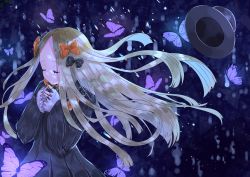 Rule 34 | 1girl, abigail williams (fate), absurdres, bad id, bad pixiv id, blonde hair, bow, bug, butterfly, closed eyes, closed mouth, dark background, fate/grand order, fate (series), hair bow, hair ornament, hands up, hat, highres, huge filesize, insect, long hair, long sleeves, multiple hair bows, night, orange bow, pink butterfly, sinobi illust, solo