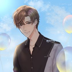 Rule 34 | 1boy, artem wing (tears of themis), artist name, balloon, black shirt, blue eyes, blue sky, brown hair, closed mouth, cloud, cloudy sky, collared shirt, highres, jtyldraws, male focus, outdoors, shirt, short hair, short sleeves, sky, smile, solo, tears of themis