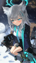 Rule 34 | 1girl, absurdres, animal ear fluff, animal ears, bad perspective, bench, black skirt, blue archive, blue eyes, blue jacket, blue scarf, blush, breasts, cross hair ornament, extra ears, gloves, green gloves, grey hair, gun, hair ornament, halo, highres, jacket, kneehighs, long sleeves, looking to the side, medium breasts, medium hair, mhk (mechamania), open clothes, open jacket, plaid, plaid skirt, pleated skirt, scarf, shiroko (blue archive), shirt, shoes, sidelocks, skirt, sneakers, snow, snowman, socks, solo, variant set, weapon, white shirt, wolf ears