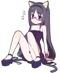 Rule 34 | 10s, 1girl, :&lt;, akemi homura, animal ears, bad id, bad pixiv id, bare shoulders, black hair, blush, cat ears, cat tail, dress, full body, glasses, hair spread out, hairband, homu, long hair, looking up, mahou shoujo madoka magica, mahou shoujo madoka magica (anime), mary janes, megahomu, muhogame, panties, patterned, patterned clothing, platform footwear, purple dress, purple eyes, red-framed eyewear, shoes, silhouette, simple background, sitting, solo, strapless, strapless dress, striped, tail, underwear, very long hair, white background, white panties, wristband