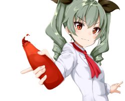 Rule 34 | 10s, 1girl, ame., anchovy (girls und panzer), ascot, chef, drill hair, girls und panzer, green hair, ketchup, long hair, red eyes, solo, squeeze bottle, twin drills, twintails