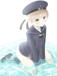 Rule 34 | 10s, 1girl, anchor, ankle cuffs, aqua eyes, beret, black legwear, blonde hair, blush, bottomless, buttons, clothes writing, hat, highres, jpeg artifacts, kantai collection, long sleeves, military, military uniform, mitsukan (maitaro22), partially submerged, personification, sailor collar, short hair, sitting, solo, uniform, wading, wariza, water, z1 leberecht maass (kancolle)