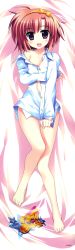 Rule 34 | 1girl, :d, absurdres, ahoge, bare shoulders, barefoot, bed sheet, blush, bottomless, bow, breast hold, breasts, buttons, clothes pull, company name, copyright name, covering privates, covering crotch, crossed arms, dakimakura (medium), dress shirt, feet, flat chest, from above, fujima takuya, full body, hair bow, hairband, happy, highres, legs, logo, long image, long sleeves, lying, naked shirt, navel, off shoulder, official art, on back, on bed, open mouth, parted bangs, pink hair, purple eyes, scan, shirt, shirt pull, shirt tug, short hair, sleeves past wrists, smile, smile shooter, smiley face, solo, star (symbol), striped, tall image, thigh gap, usaki yurina, white shirt, wing collar