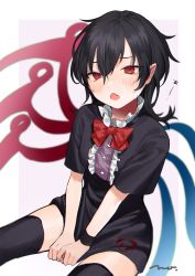 Rule 34 | 1girl, :o, asymmetrical wings, between legs, black dress, black hair, black thighhighs, blush, border, bow, bowtie, center frills, dress, fang, frills, hair between eyes, half-closed eyes, hand between legs, highres, houjuu nue, long hair, looking away, makita (vector1525), open mouth, outside border, pointy ears, purple background, red bow, red bowtie, red eyes, short sleeves, signature, simple background, sitting, skin fang, solo, thighhighs, thighs, touhou, v arms, white border, wings