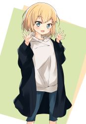 Rule 34 | 1girl, absurdres, barashiya, black coat, blue pants, blush, capri pants, casual, coat, commentary, content rating, fang, gesture, girls und panzer, green background, highres, hood, hoodie, katyusha (girls und panzer), light blush, long sleeves, looking at viewer, open mouth, outside border, pants, shirt, short hair, smile, solo, standing, white shirt