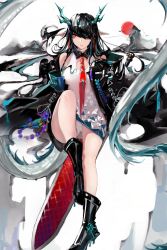 Rule 34 | 1girl, absurdres, arknights, black coat, black footwear, black hair, boots, clothing cutout, coat, collared dress, dragon girl, dragon horns, dragon tail, dress, dusk (arknights), feiemmm, greatsword, hair over one eye, highres, horns, looking at viewer, necktie, open clothes, open coat, orange eyes, panties, pointy ears, red necktie, sleeveless, sleeveless dress, slit pupils, solo, sword, tail, underwear, weapon, white dress, white panties