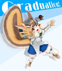 Rule 34 | 1girl, acorn, animal ears, blue background, boots, brown eyes, brown hair, chipmunk ears, chipmunk girl, chipmunk tail, extra ears, gloves, gyrokonzept, highres, kemono friends, kemono friends v project, looking at viewer, microphone, ribbon, shirt, short hair, shorts, siberian chipmunk (kemono friends), simple background, tail, thighhighs, vest, virtual youtuber