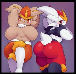 Rule 34 | 2girls, alternate color, animal ears, ass, ass focus, blush, breasts, brown fur, cinderace, creatures (company), curvy, embarrassed, furry, furry female, game freak, gen 8 pokemon, huge ass, huge breasts, multiple girls, navel, nintendo, no nipples, oasis (magnitude711), orange pants, pants, pokemon, pokemon (creature), pokemon swsh, presenting, rabbit, rabbit ears, rabbit tail, red eyes, red legwear, red pants, shiny and normal, shiny pokemon, smile, tail, thick thighs, thighs, white fur, white legwear