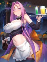 Rule 34 | 1girl, apron, bare shoulders, black thighhighs, breasts, cleavage, collar, cup, drinking glass, facial mark, fate/stay night, fate (series), forehead, forehead mark, head wings, highres, large breasts, long hair, looking at viewer, medusa (fate), medusa (rider) (fate), minami koyogi, parted bangs, purple eyes, purple hair, sidelocks, solo, square pupils, thighhighs, tray, very long hair, waist apron, wings
