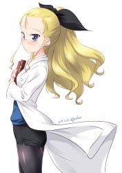 Rule 34 | 1girl, absurdres, artist name, ass, assam (girls und panzer), black pantyhose, black skirt, blonde hair, blue eyes, blush, book, breasts, closed mouth, dated, girls und panzer, glasses, hair ornament, hair ribbon, highres, holding, holding book, kuzuryuu kennosuke, lab coat, long hair, looking at viewer, looking to the side, miniskirt, pantyhose, ribbon, shiny skin, simple background, skirt, small breasts, solo, standing, white background