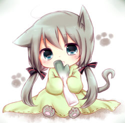 Rule 34 | 1girl, animal ears, animal hands, cat ears, cat paws, cat tail, chibi, dress, green eyes, green hair, hatsune miku, head tilt, long hair, matching hair/eyes, misa (kaeruhitode), open mouth, sitting, sleeves past wrists, solo, spring onion, tail, twintails, very long hair, vocaloid