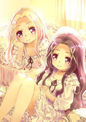 Rule 34 | 54hao, arm support, bed, black ribbon, blush, child, closed mouth, collarbone, commentary request, curtains, dress, feet out of frame, forehead, frilled pillow, frills, hair ornament, head tilt, highres, indoors, interlocked fingers, knees up, looking at viewer, lying, on bed, on stomach, original, own hands together, parted bangs, pillow, purple eyes, purple hair, ribbon, siblings, sisters, sitting, smile, twins, white dress, white hair, x hair ornament