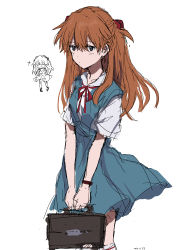 Rule 34 | 1girl, absurdres, artist request, bag, blue eyes, breasts, brown hair, chibi, expressionless, hair ornament, highres, holding, holding bag, interface headset, long hair, neon genesis evangelion, school bag, school uniform, simple background, sketch, skirt, smile, solo, souryuu asuka langley, suspender skirt, suspenders, tokyo-3 middle school uniform, upper body, very long hair, white background