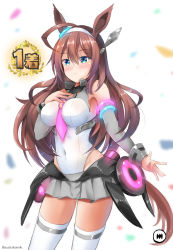 Rule 34 | 1girl, ahoge, animal ears, bare shoulders, between breasts, blue eyes, blush, breasts, brown hair, closed mouth, commentary request, covered navel, detached sleeves, gameplay mechanics, glowing, grey skirt, grey sleeves, groin, hair between eyes, hairband, highres, horse ears, horse girl, horse tail, leotard, long sleeves, looking at viewer, medium breasts, mihono bourbon (umamusume), neon trim, pink neckwear, pleated skirt, skirt, solo, staryume, tail, thighhighs, umamusume, white background, white hairband, white leotard, white thighhighs