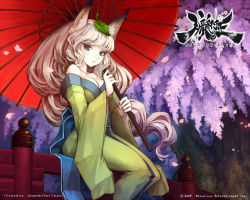 Rule 34 | 1girl, animal ears, bare shoulders, blue eyes, breasts, bridge, cherry blossoms, cleavage, fox ears, holding, inari, japanese clothes, kimono, leaf, leaf on head, long hair, long sleeves, looking at viewer, object on head, oboro muramasa, off shoulder, official art, official wallpaper, oil-paper umbrella, petals, shigatake, sitting, solo, tail, text focus, tree, umbrella, white hair, wide sleeves, yuzuruha