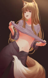 Rule 34 | 1girl, animal ears, black bow, bow, breasts, brown hair, clothes lift, commentary, commission, cowboy shot, dutch angle, grey shirt, highres, holo, lifted by self, long hair, long sleeves, looking at viewer, navel, nev (nevblindarts), open mouth, pixiv commission, red eyes, shirt, shirt lift, simple background, small breasts, solo, spice and wolf, tail, teeth, underboob, upper teeth only, wolf ears, wolf girl, wolf tail