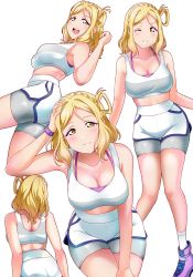 Rule 34 | 1girl, :d, absurdres, arm up, bare shoulders, bike shorts, blonde hair, blush, braid, breasts, cleavage, crown braid, dolphin shorts, facing away, facing viewer, hair rings, highres, large breasts, layered clothes, looking at viewer, love live!, love live! sunshine!!, medium hair, midriff, multiple views, ohara mari, one eye closed, open mouth, purple footwear, shoes, shorts, simple background, smartwatch, smile, sports bra, sportswear, teeth, tsumikiy, watch, white background, white shorts, wristwatch, yellow eyes