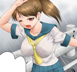 Rule 34 | 1girl, breasts, brown hair, covered erect nipples, guard rail, large breasts, long hair, mashue, no bra, one eye closed, open mouth, original, outdoors, ponytail, rain, red eyes, school uniform, serafuku, shirt, solo, wet, wet clothes, wet shirt, wink