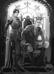 Rule 34 | 2boys, absurdres, armor, armored boots, belt, boots, closed mouth, coat, collared shirt, crown, erwin smith, greyscale, highres, holding, holding sword, holding weapon, indoors, knight, levi (shingeki no kyojin), male focus, monochrome, multiple boys, pants, shingeki no kyojin, shirt, short hair, sitting, sword, thisuserisalive, throne, weapon
