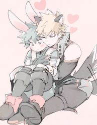 Rule 34 | 2boys, animal ears, bakugou katsuki, bare shoulders, black footwear, blonde hair, blush, bodysuit, boku no hero academia, boots, closed eyes, closed mouth, commentary, freckles, full body, gloves, hand on another&#039;s chest, heart, highres, hug, hug from behind, kemonomimi mode, knee pads, male focus, midoriya izuku, multiple boys, nugunasutu, pink background, rabbit ears, short hair, simple background, sitting, sitting on lap, sitting on person, spiked hair, tail, tail wagging, white gloves, wolf boy, wolf ears, wolf tail, yaoi