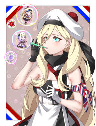 Rule 34 | 3girls, absurdres, abyssal ship, bare shoulders, beret, black gloves, blonde hair, blue eyes, blue hair, breasts, bubble, blowing bubbles, bubble pipe, commandant teste (kancolle), dress, enemy lifebuoy (kancolle), gloves, gradient hair, hair between eyes, hat, highres, jean bart (kancolle), kantai collection, kome cola, large breasts, long hair, long sleeves, mini person, minigirl, mole, mole under eye, mole under mouth, multicolored clothes, multicolored dress, multicolored gloves, multicolored hair, multicolored scarf, multiple girls, plaid, plaid scarf, pom pom (clothes), red hair, richelieu (kancolle), scarf, short hair, size difference, strapless, strapless dress, streaked hair, two-tone gloves, wavy hair, white gloves, white hair, white headwear