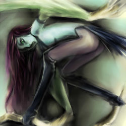 Rule 34 | 1girl, bent over, claws, colored skin, duel monster, green eyes, green skin, harpie lady, harpie lady 1, harpy, lb2 take, long hair, monster girl, purple eyes, slit pupils, solo, winged arms, wings, yu-gi-oh!