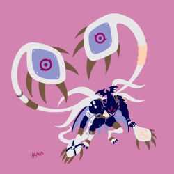 Rule 34 | claws, demon, digimon, digimon (creature), highres, marindevimon, pink background, red eyes, simple background, solo, spikes, tentacles
