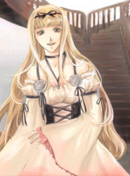 Rule 34 | 1girl, :d, bare shoulders, brown eyes, choker, cross-laced clothes, detached sleeves, dress, gensou suikoden, gensou suikoden v, hair ribbon, hairband, hashiba rin, jewelry, long sleeves, looking at viewer, lowres, luserina barows, necklace, open mouth, pendant, ribbon, sleeveless, sleeveless dress, smile, solo, stairs, white dress, wide sleeves