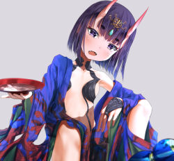 Rule 34 | 1girl, alcohol, bare shoulders, bob cut, breasts, bridal gauntlets, collarbone, cup, eyeliner, fangs, fate/grand order, fate (series), headpiece, highres, horns, japanese clothes, kimono, knee up, long sleeves, looking at viewer, makeup, navel, off shoulder, oni, open clothes, open kimono, open mouth, purple eyes, purple hair, purple kimono, revealing clothes, sakazakinchan, sakazuki, sake, short hair, shuten douji (fate), sitting, skin-covered horns, small breasts, solo, wide sleeves