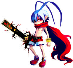 Rule 34 | 1boy, aiko (nothing for), aiko (pixiv), antenna hair, blue hair, disgaea, laharl, male focus, red eyes, red shorts, scarf, topless male, shorts, solo, sword, weapon, white background