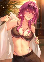 1girl absurdres bare_shoulders belt black_belt black_bra bra breasts chinnpou cleavage collarbone grin highres honkai:_star_rail honkai_(series) kafka_(honkai:_star_rail) long_hair looking_at_viewer medium_breasts navel purple_eyes purple_hair smile solo stomach tattoo underwear