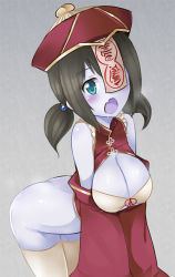 Rule 34 | 1girl, all fours, aqua eyes, ass, bare shoulders, black hair, blue skin, blush, bottomless, breasts, cleavage, cleavage cutout, clothing cutout, colored skin, drooling, fang, hair bobbles, hair ornament, hanging breasts, hat, jiangshi, large breasts, long hair, looking at viewer, naik, ofuda, one eye covered, open mouth, original, simple background, solo, thighhighs, twintails, white thighhighs