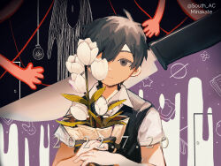 Rule 34 | 1boy, artist name, black background, black bow, black hair, black vest, bow, brown eyes, closed mouth, collared shirt, commentary request, dated, expressionless, flower, flower (symbol), hair between eyes, highres, holding, knife, light bulb, looking at viewer, male focus, multicolored background, omori, one eye covered, plant, purple background, rabbit, shirt, short hair, short sleeves, sidelocks, something (omori), south ac, star (symbol), sunny (omori), vest, white background, white flower, white shirt, wing collar