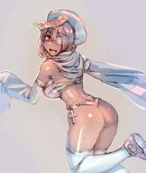 Rule 34 | 1girl, ass, bare shoulders, bikini, bow (bhp), capelet, detached sleeves, fang, grey hair, hat, heart, heart bikini, jiangshi, looking at viewer, looking back, ofuda, open mouth, original, qingdai guanmao, red eyes, simple background, sleeves past wrists, smile, swimsuit, tan, thighhighs, white thighhighs, zombie