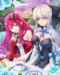 Rule 34 | 2girls, :d, absurdres, baobhan sith (fate), baobhan sith (first ascension) (fate), bare shoulders, black dress, blue eyes, blue flower, breasts, cleavage, closed mouth, cup, detached sleeves, dress, earrings, fate/grand order, fate (series), flower, frilled dress, frills, grey eyes, hair ornament, hair ribbon, hand up, highres, holding, holding cup, jewelry, looking down, looking to the side, morgan le fay (fate), mother and daughter, multiple girls, nail polish, open mouth, outdoors, pink hair, pointy ears, ponytail, red dress, red flower, red nails, ribbon, rina sukareltuto, sidelocks, sitting, smile, table, tea, teacup, white hair
