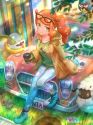 Rule 34 | 1girl, arm support, boots, buttons, car, closed mouth, commentary, creatures (company), cup, day, disposable cup, door, eyelashes, eyewear on head, game freak, gen 8 pokemon, grass, green eyes, green footwear, green nails, green shirt, hair ornament, heart, heart hair ornament, holding, holding cup, kutsunohito, light beam, light rays, long hair, long sleeves, motor vehicle, nail polish, nintendo, open clothes, orange hair, outdoors, pants, paper, pokemon, pokemon (creature), pokemon swsh, rookidee, shirt, side ponytail, sitting, skwovet, sonia (pokemon), sunbeam, sunglasses, sunlight, wooloo, yamper